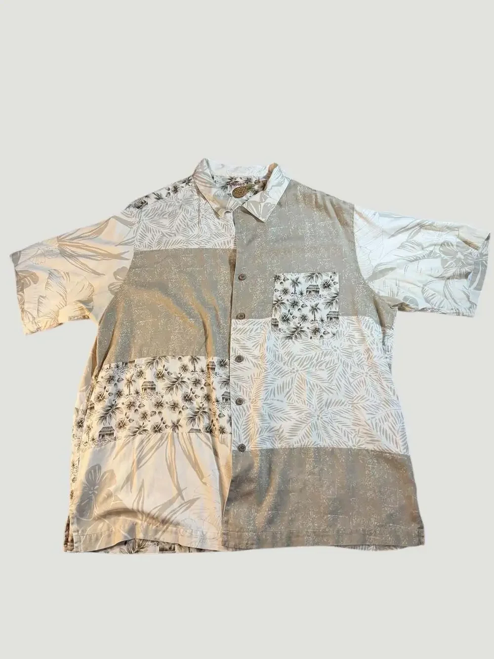 Caribbean Mens XL Silk Blend Patchwork Tropical Hawaiian Aloha Button Down Shirt